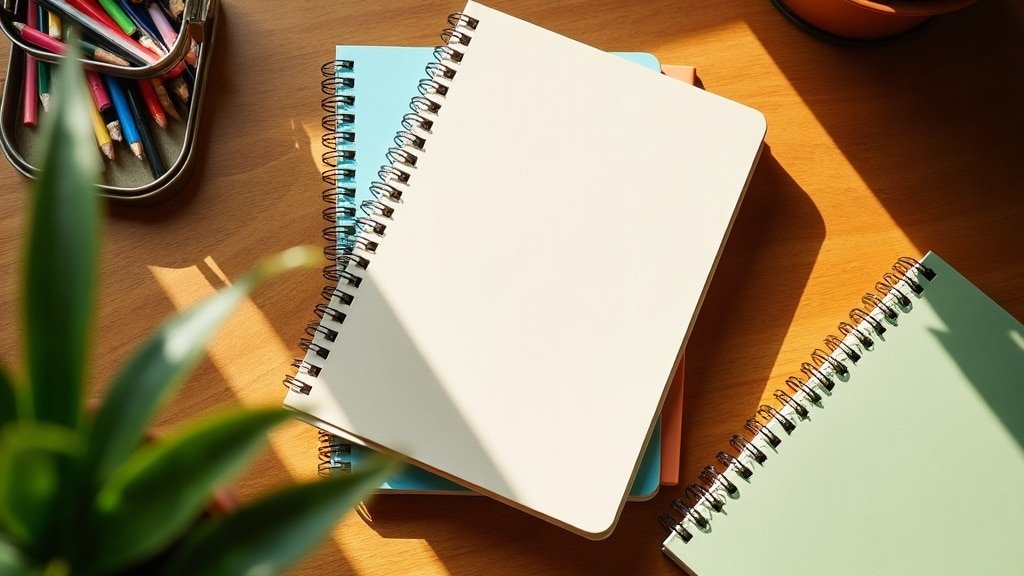 How to Homeschool in French Full Immersion, Not Just a Subject 2 Blank notebooks, colored pencils, and a small plant on a sunlit table, representing starting French immersion homeschooling with just two or three subjects