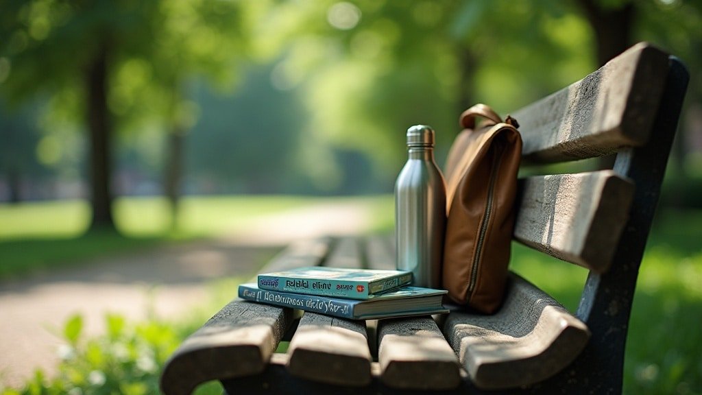 A stack of books, a water bottle, and a small backpack on a sunlit park bench in dappled shade, representing a homeschool in French full immersion day