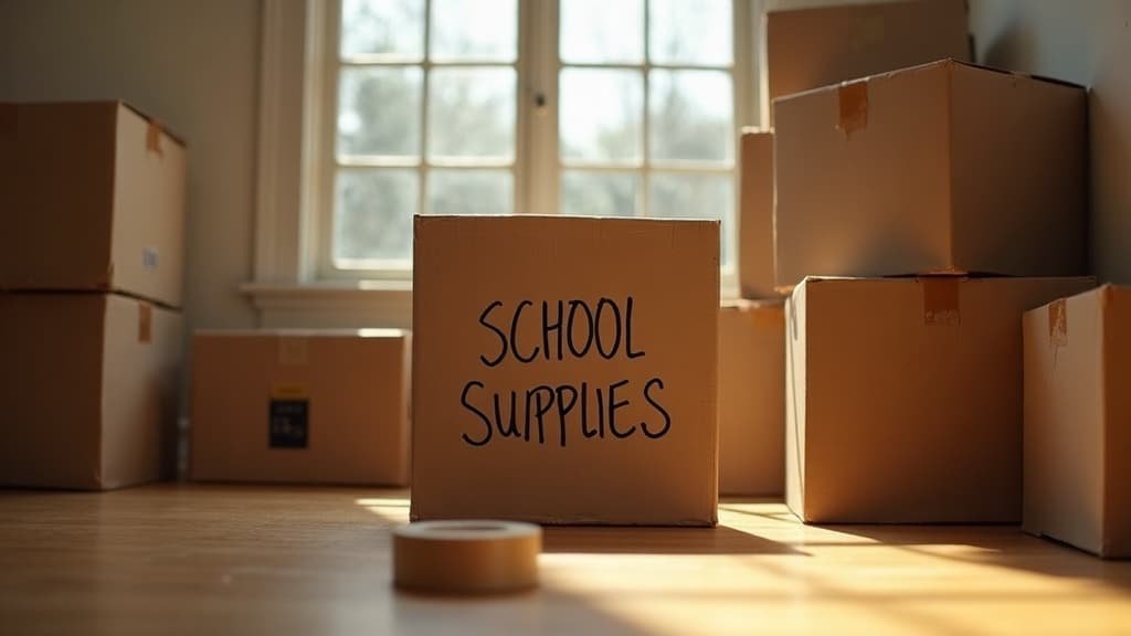 Moving boxes in a partly unpacked room with one box labeled school supplies, a familiar scene for families who have lost French Immersion spot after moving.