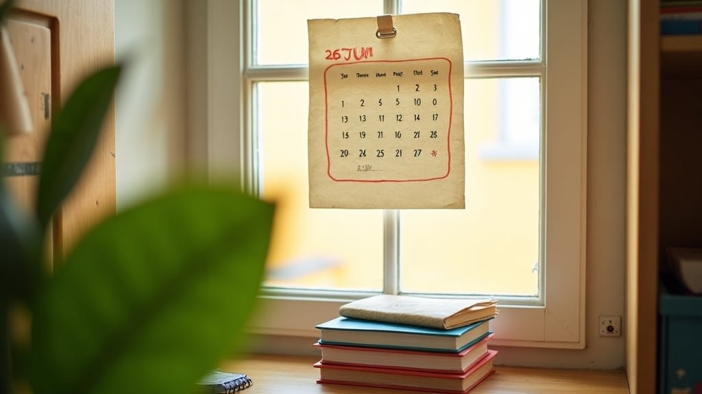 A wall calendar with a follow-up date circled in red marker, notebooks and a pencil case on a sunlit windowsill.